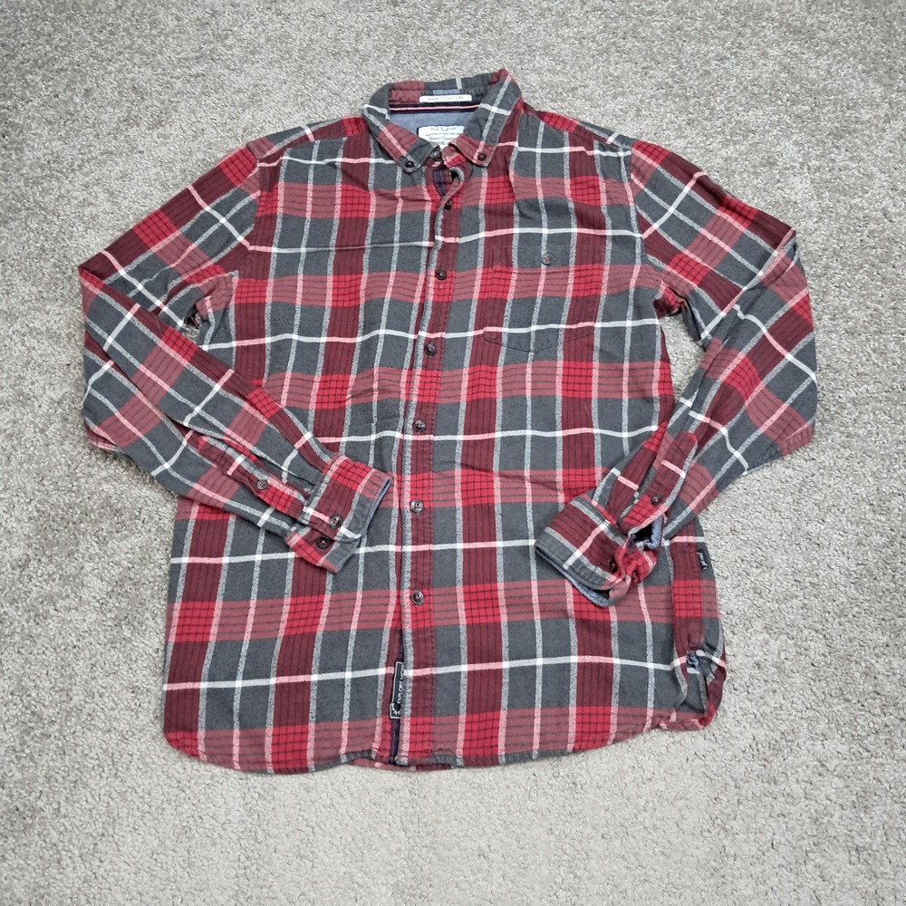 On The Road Mens Red Grey Plaid Slim Fit Cotton Flannel Button Down Shirt Medium